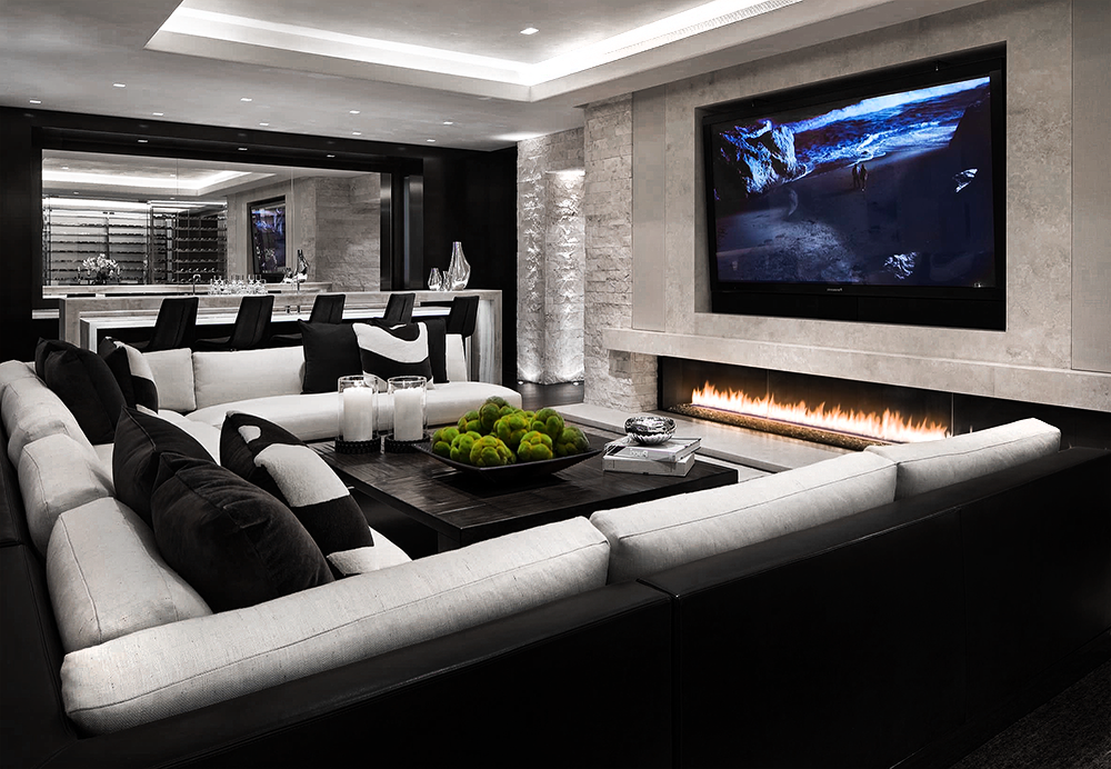 Gorgeous Black and white Luxury media room home theater decor with black and white secti… _ Living room theaters, Luxury living room inspiration, Home theater decor
